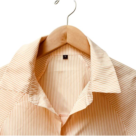 Striped Button-Down High-Low Shirt Smocked Cuffs Pockets SZ L Oversized No-Iron - Picture 4 of 8